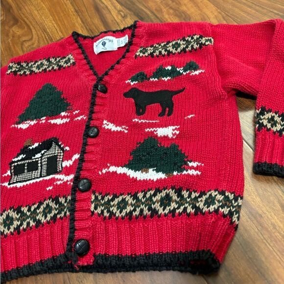 Kitestrings vintage winter cabin dog red knit cardigan sweater - Picture 2 of 4